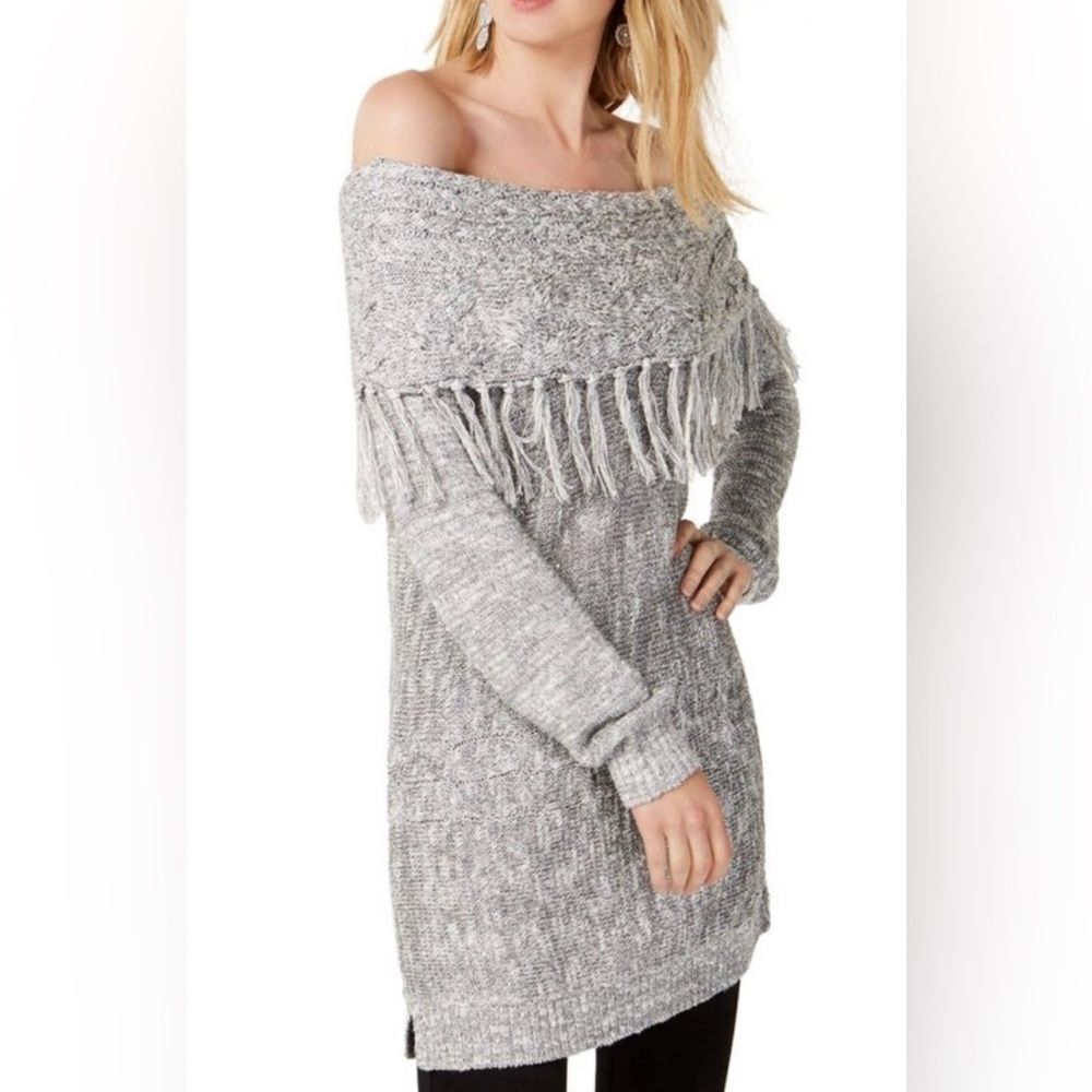 INC International Women's Fringe Long Sleeve Tunic Sweater Off Shoulder Size L